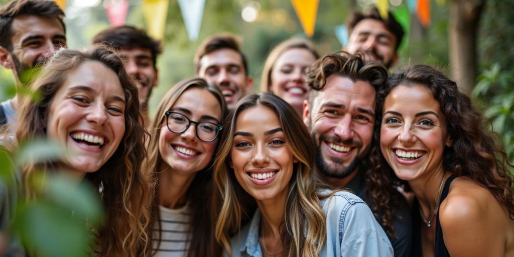 Grupo diverso de jovens sorrindo e celebrando ao ar livre.