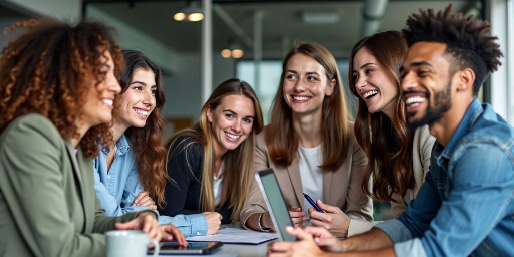 Grupo diverso de jovens profissionais colaborando em escritório.