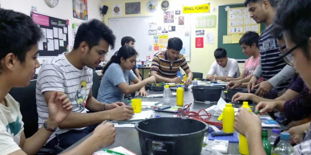 Sala de aula vibrante com alunos engajados no SENAC.