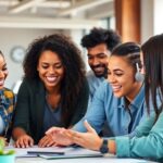 Jovens profissionais colaborando em um ambiente de trabalho.