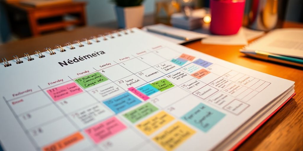 Calendário com anotações e marcadores coloridos sobre finanças.