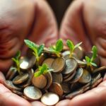 Mãos segurando moedas com plantas jovens crescendo