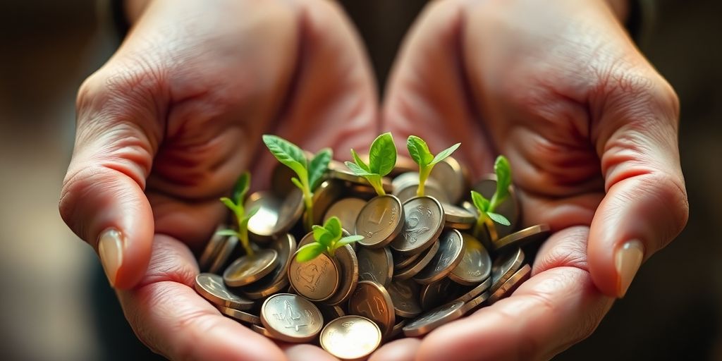 Mãos segurando moedas com plantas jovens crescendo