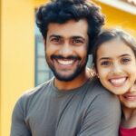 Família brasileira com crianças felizes na frente de casa simples.