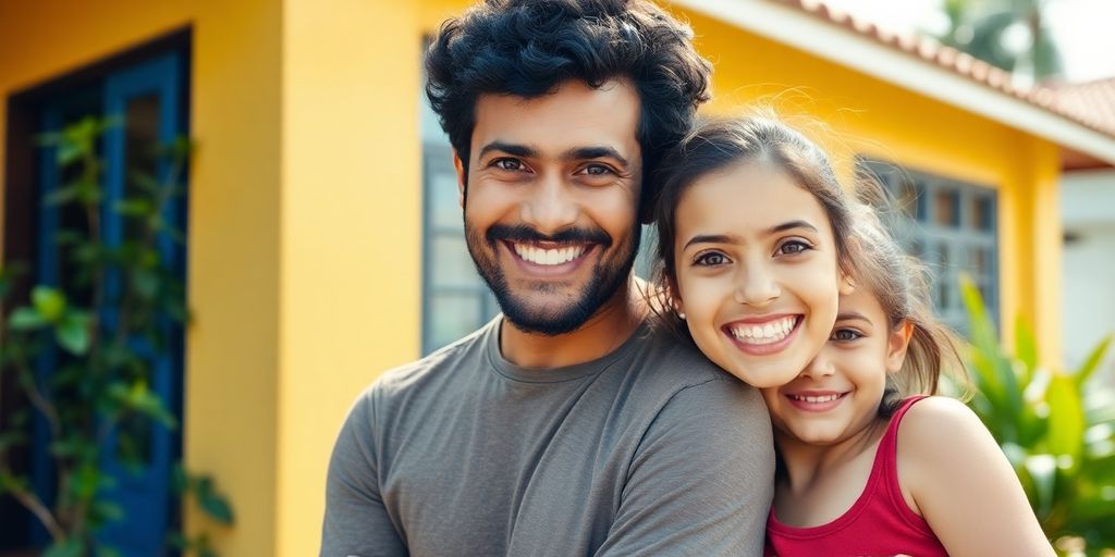 Família brasileira com crianças felizes na frente de casa simples.