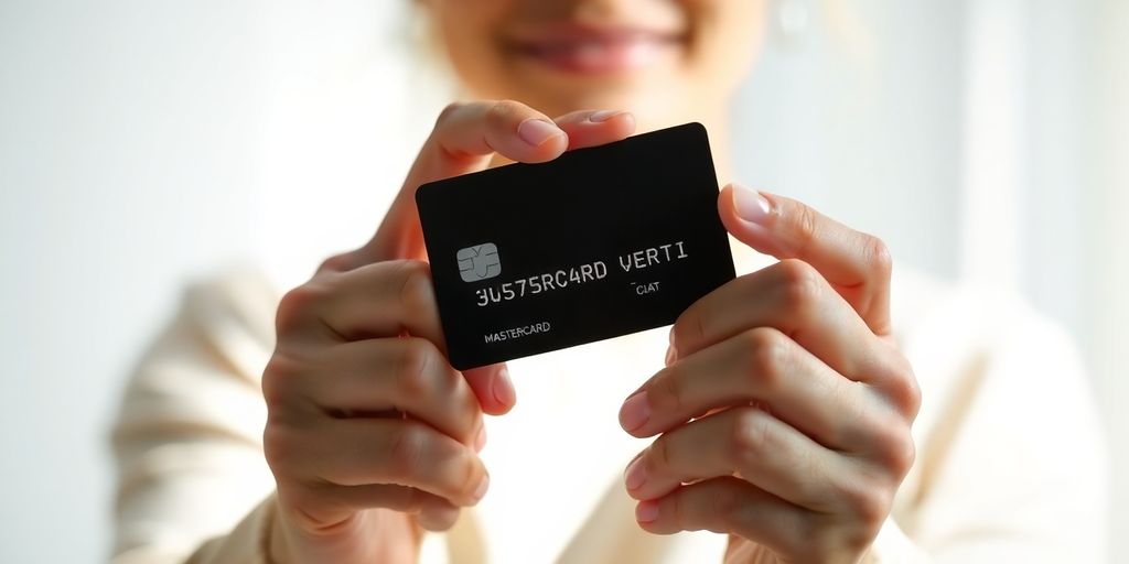 Manos sosteniendo tarjeta de crédito Mastercard.