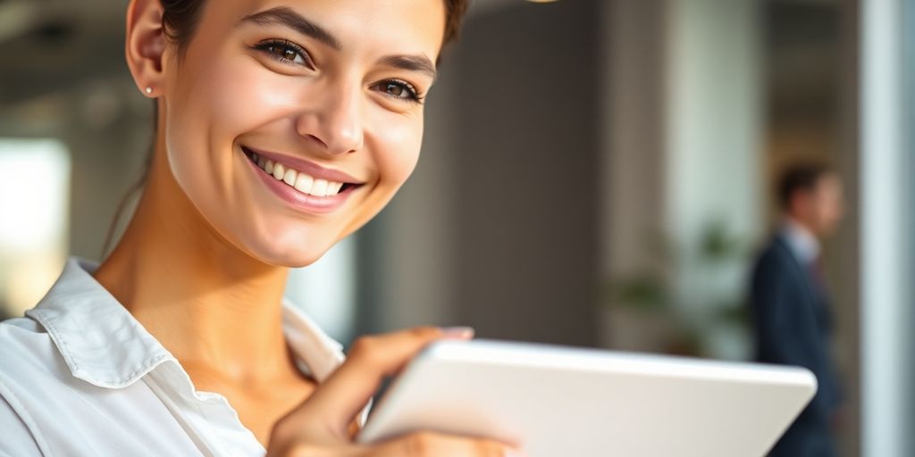 Jovem profissional sorrindo com tablet