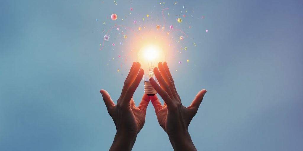 Person reaching for glowing light bulb symbolizing knowledge.